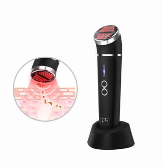 Infrared LED facial wand emitting red light with close-up of the glowing treatment head