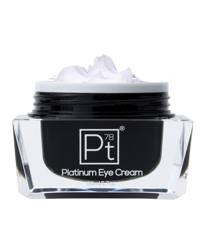 Platinum Eye Cream, open jar showing silky cream texture for fine lines and puffiness.”