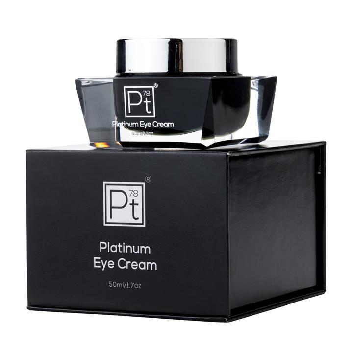 Platinum Eye Cream in black glass jar on matching box, anti-aging eye treatment