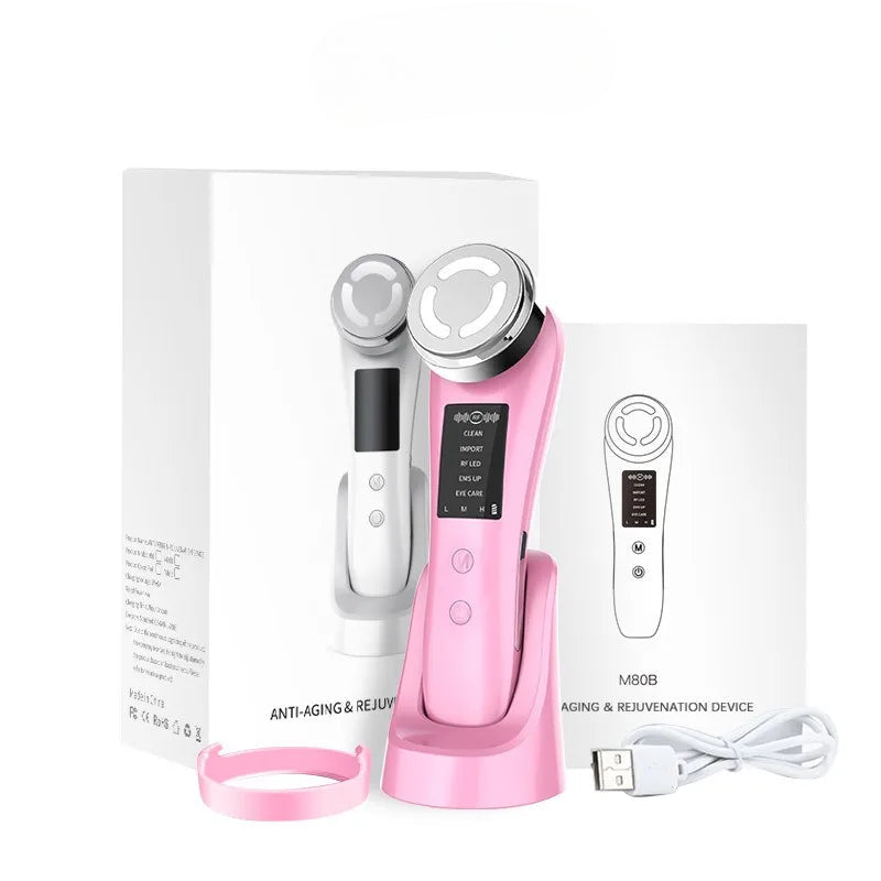 Fav Naomi microcurrent facial lifting device with packaging, charging base and USB cable on a white background