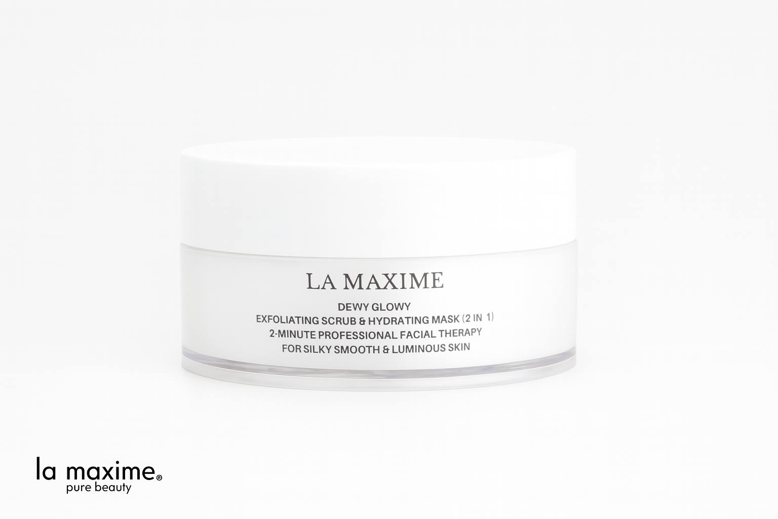 La Maxime Dewy Glowy Exfoliating Scrub and Hydrating Mask jar – premium 2-in-1 facial exfoliator and hydrating mask for silky smooth luminous skin on a clean white background
