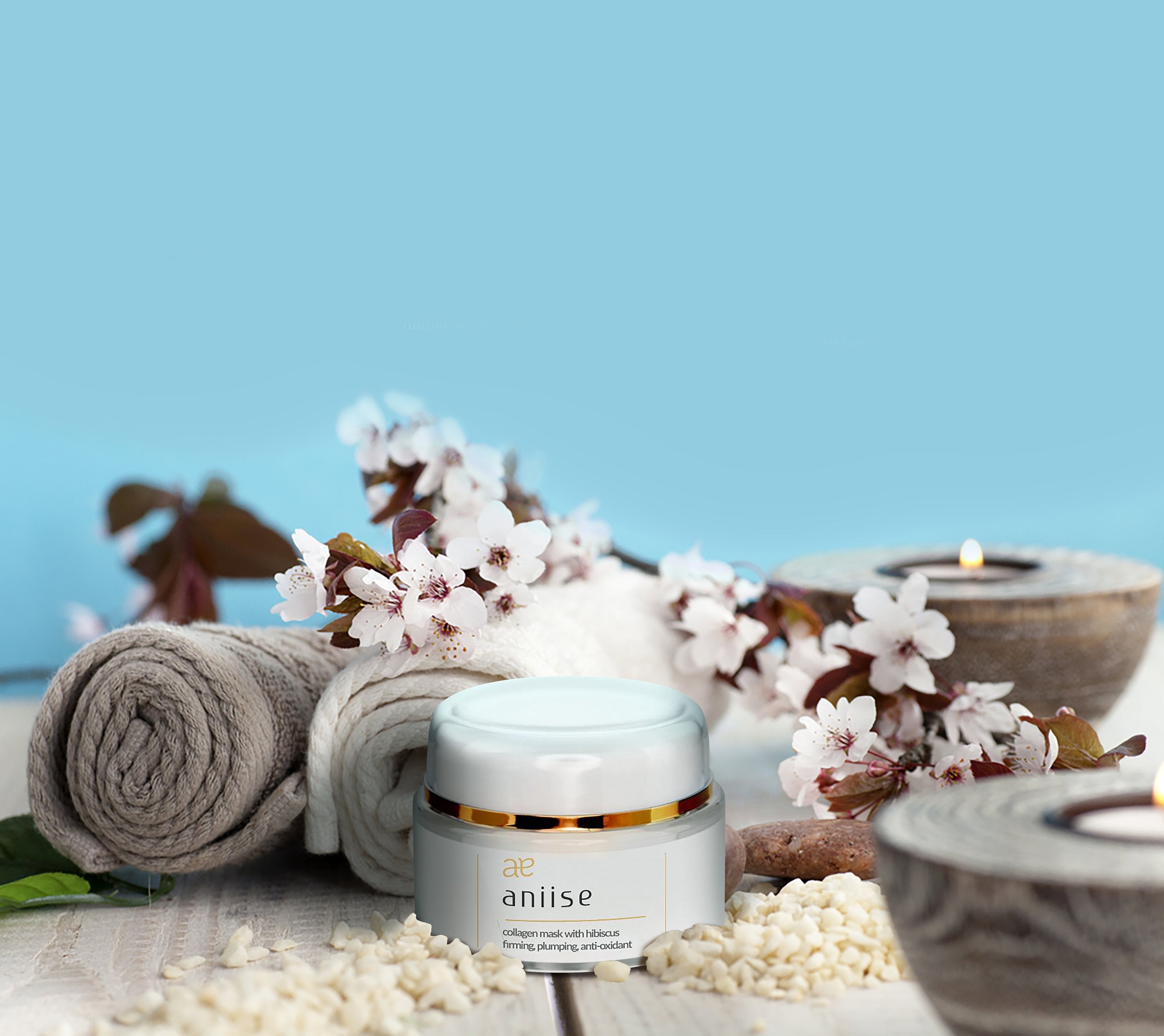 Collagen + Hibiscus Firming Mask jar styled with towels and hibiscus—nourishing weekly face treatment