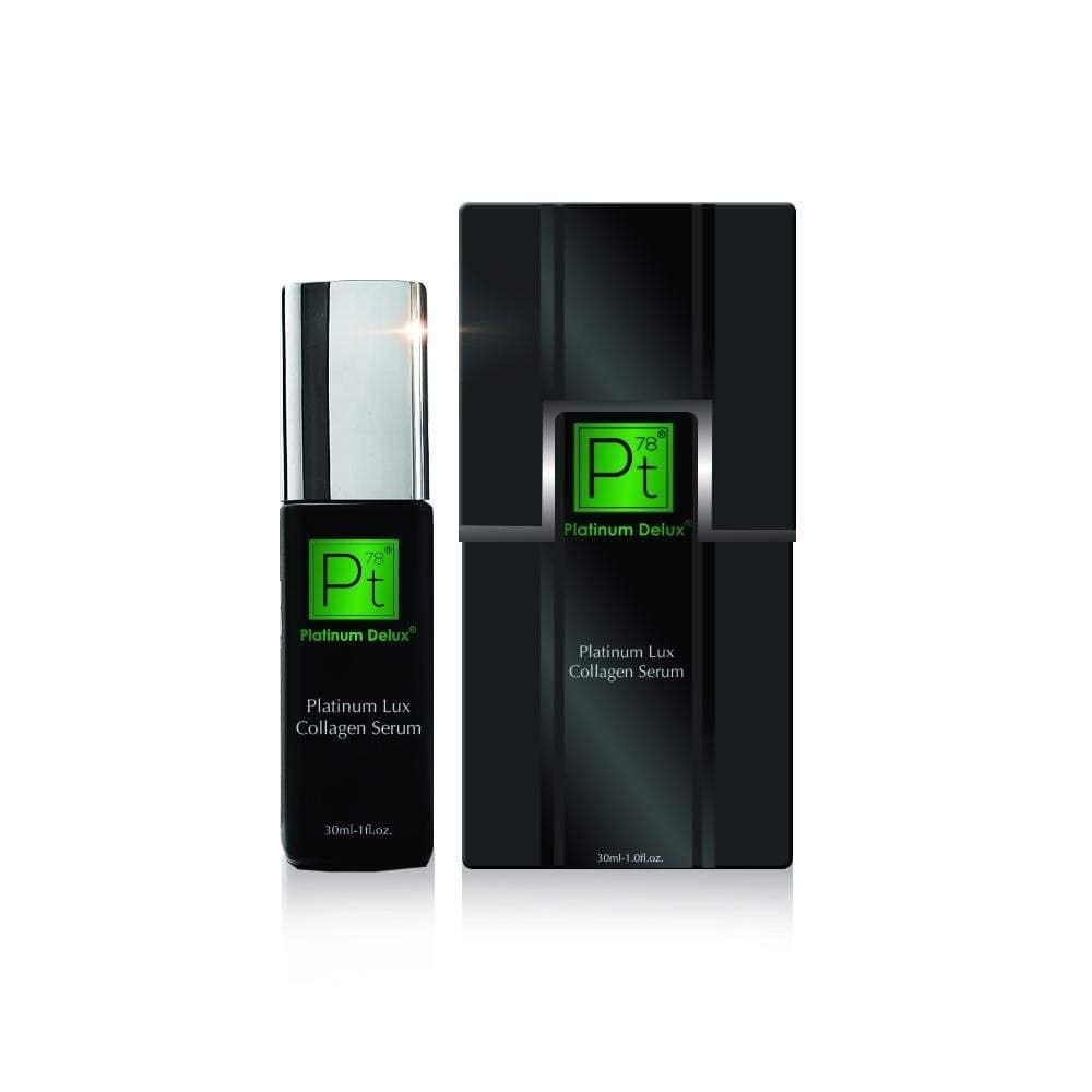 Platinum Lux Collagen Serum bottle with matching black box—firming anti-aging collagen serum, 30 ml.