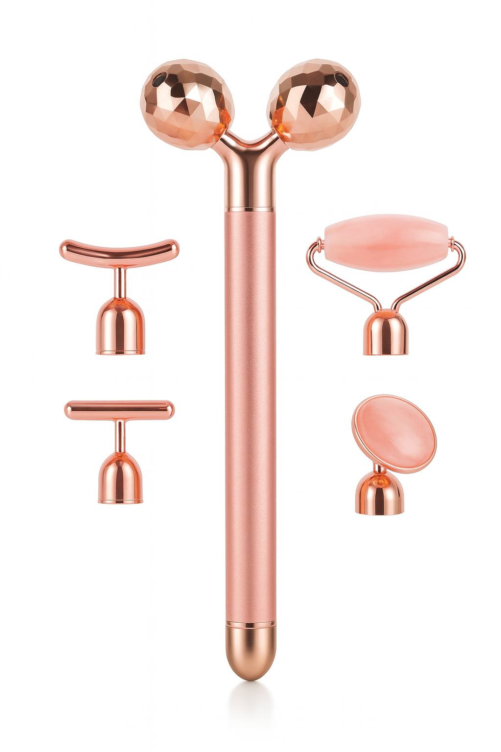 Rose gold 5-in-1 electric facial massager set with interchangeable roller heads, including dual ball roller, T-bar, Y-shape, and rose quartz attachments for lifting, tightening, and skin rejuvenation.
