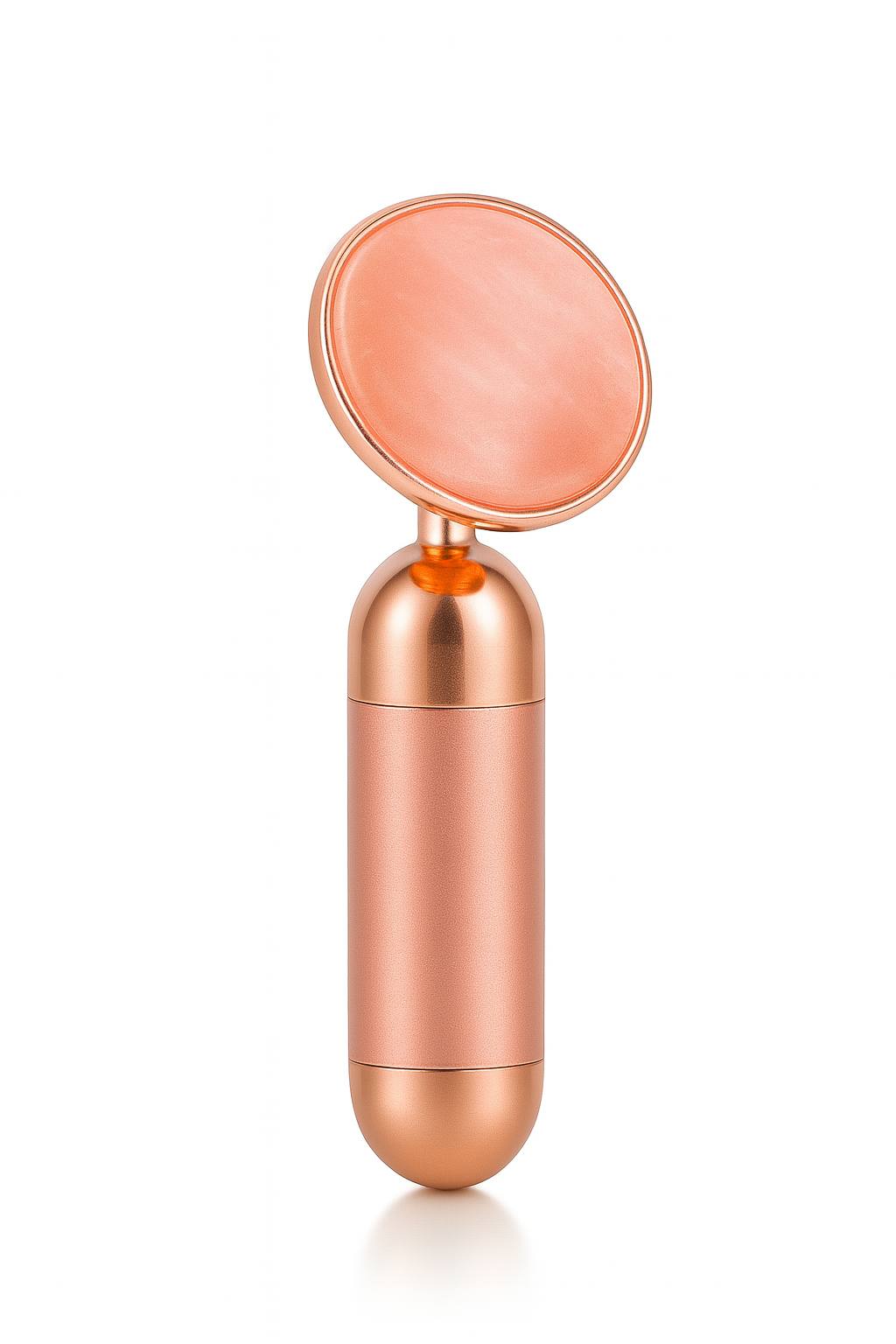 Rose gold facial massager with round rose-quartz attachment – premium vibrating beauty tool for lifting, tightening, depuffing, and improving skin circulation.
