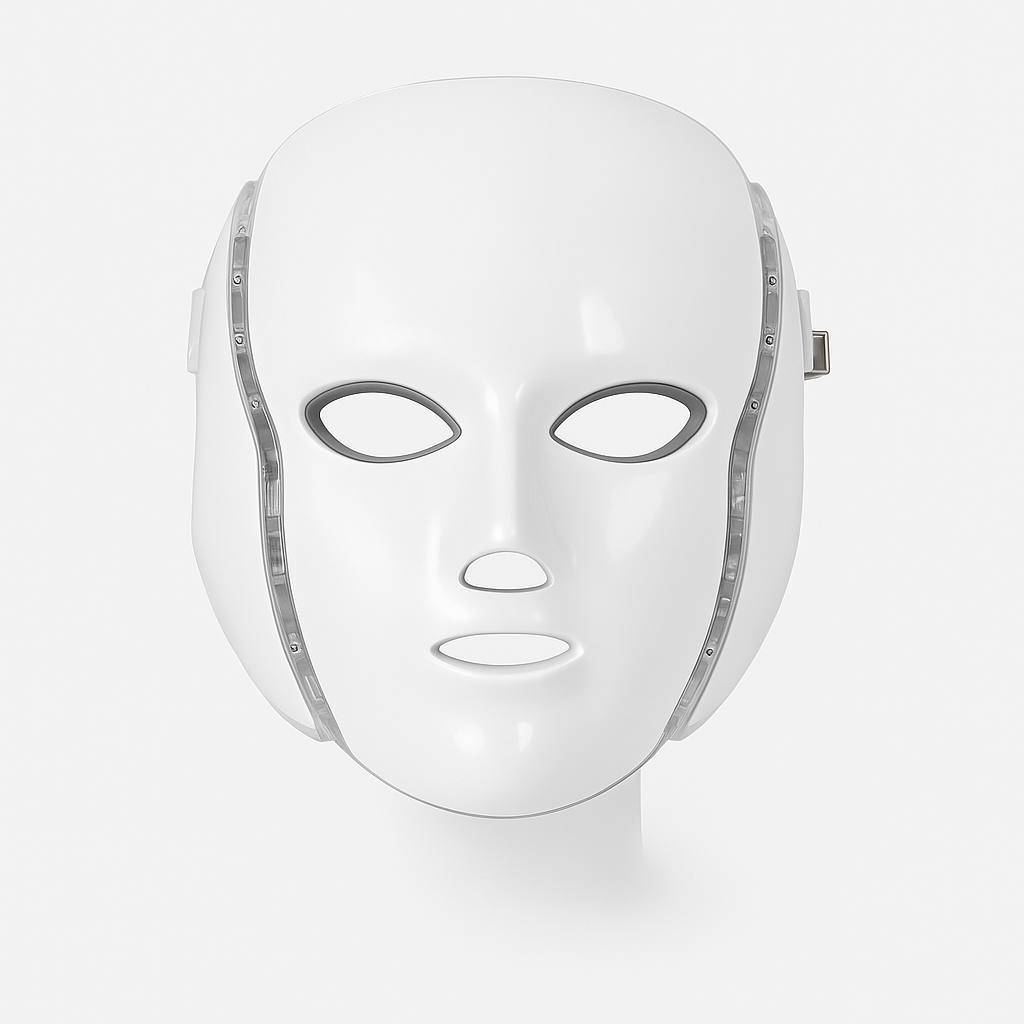 White LED light therapy facial mask with eye, nose, and mouth cutouts – high-intensity skincare device for anti-aging, acne treatment, collagen boosting, and skin rejuvenation.